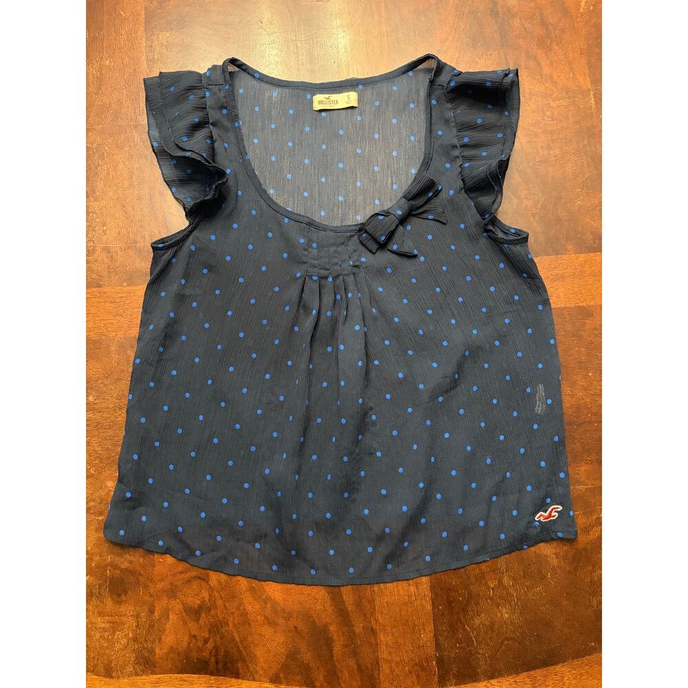 Hollister Y2K Blue Polka Dot Ruffle Bow Top Size S